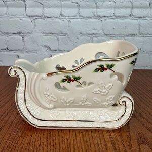 PartyLite Ceramic Christmas Holly Sleigh P7663 EUC